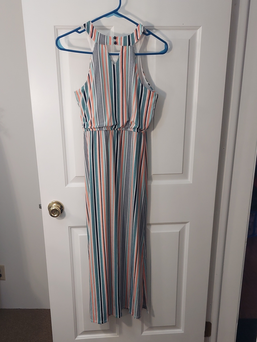 Three Hearts Striped Halter Maxi Dress - Teal, Coral, Navy, White